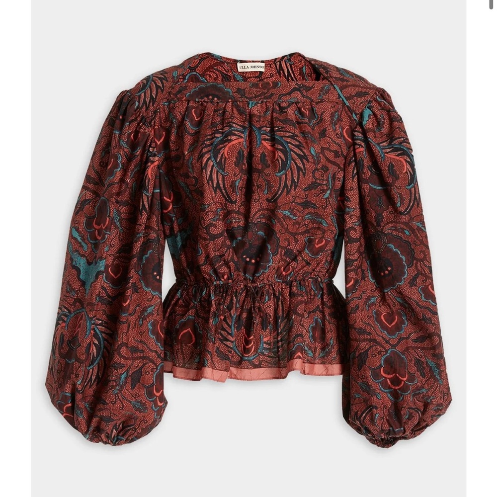Ulla Johnson Rust Red Floral Peplum Blouse with Teal Accents